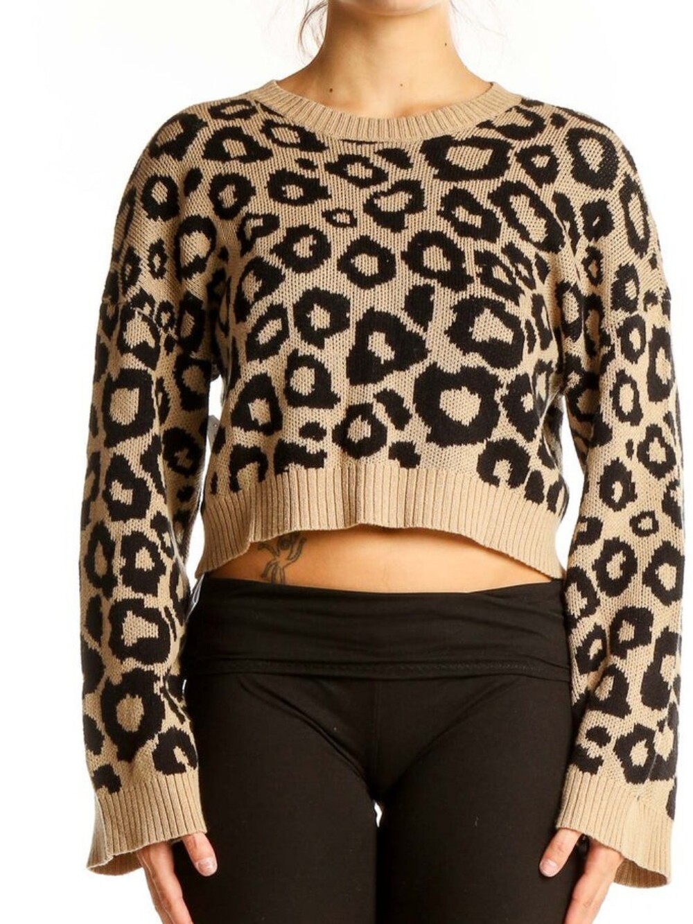 BCBGeneration Beige and Black Leopard Print Cropped Sweater